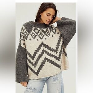 Free People Gray and Cream Patterned Sweater